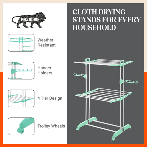 Bathla Mobidry Terra 2 Level Steel Modular Cloth Drying Stand For Home (Teal - Medium) Made in India